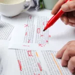 Two hands, the right one with a red marker, sit above two pieces of paper marking up the text.