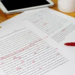 A phone, mug, and red pen sit next to printed papers with red edit marks on them.